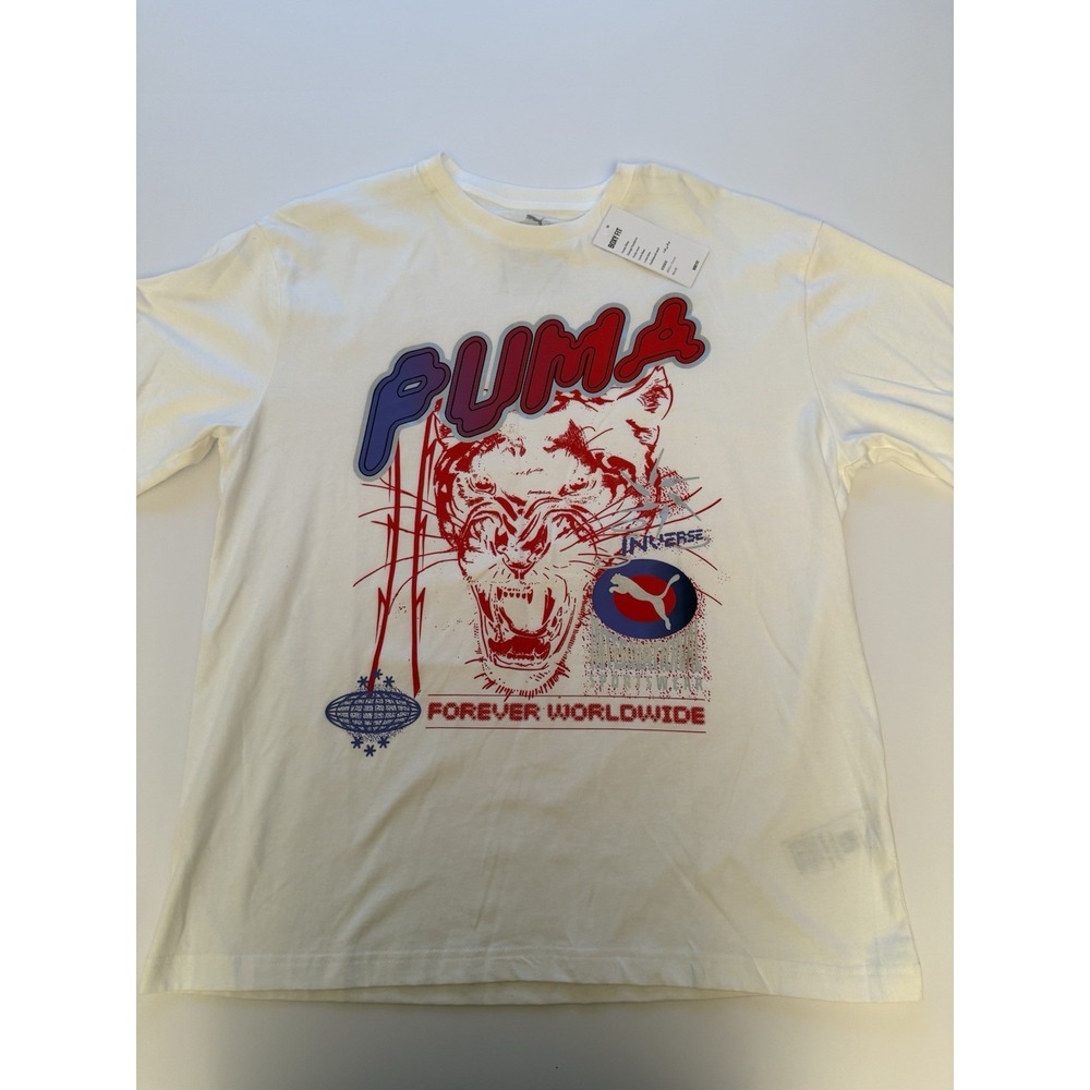 Puma Men Large T-Shirt White Graphic Red Purple Boxy Fit Casual Streetwear NWT